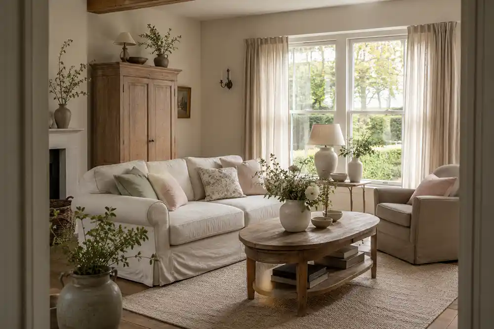 romantisch landelijke woonkamer met hout en zachte kleuren