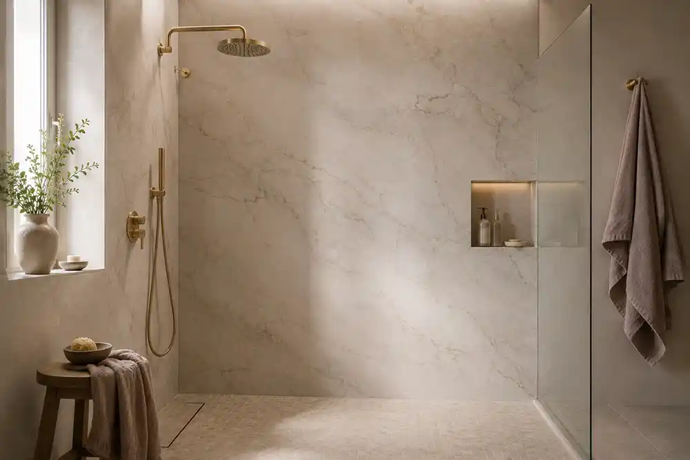 romantische badkamer met lichte marmer wand en messing douche