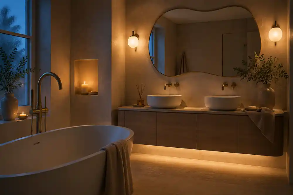 romantische badkamer met warme verlichting in de avond