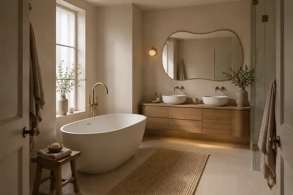 romantische badkamer met zachte kleuren en ronde vormen
