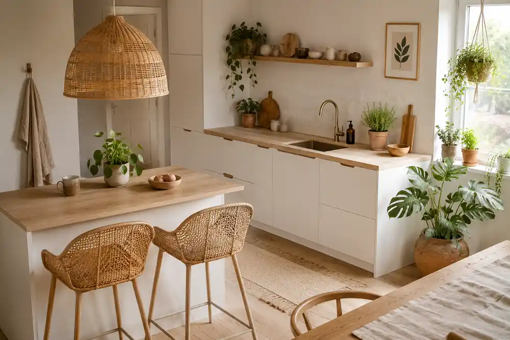 scandinavisch bohemian keuken met rotan hout en planten