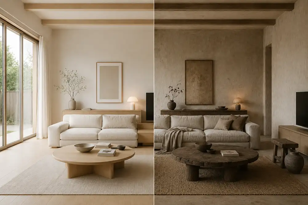 verschil tussen japandi en wabi sabi woonkamer