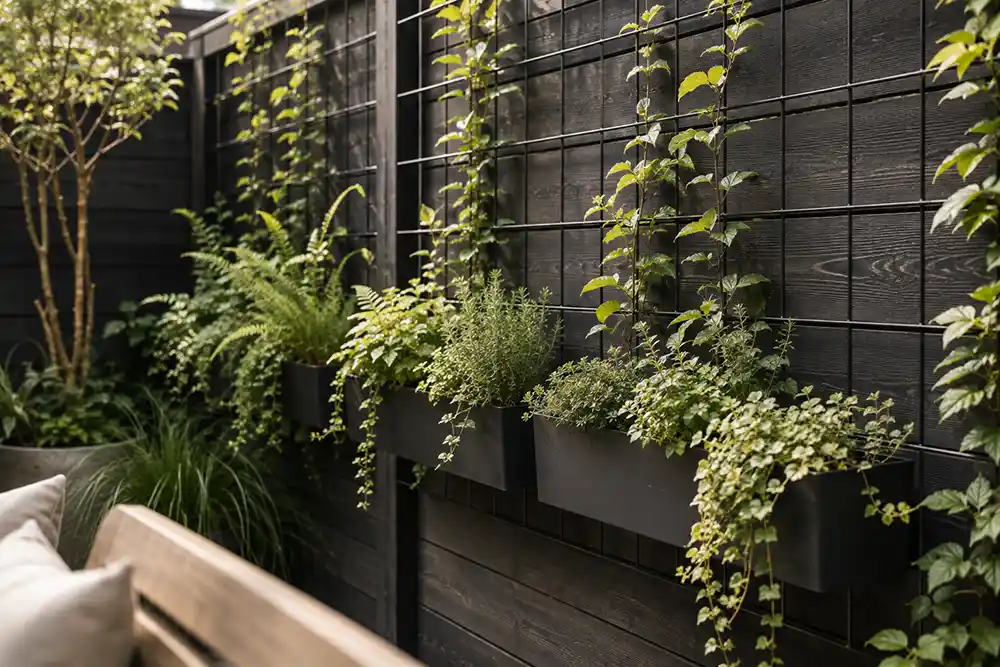 verticaal groen met klimplanten in een kleine tuin