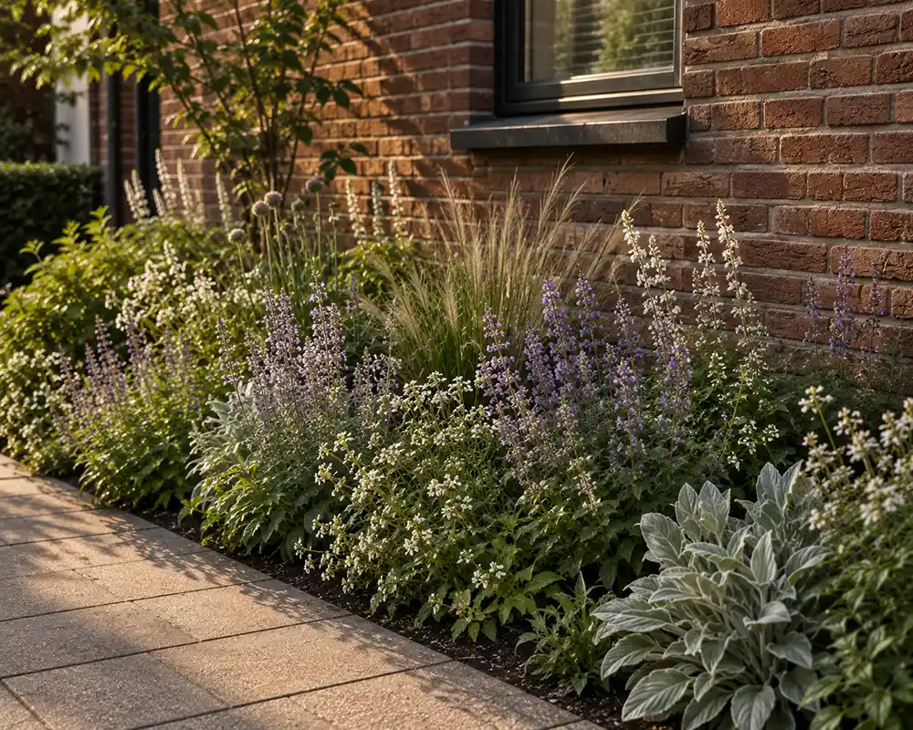 voortuin met beplanting passend bij rode bakstenen gevel
