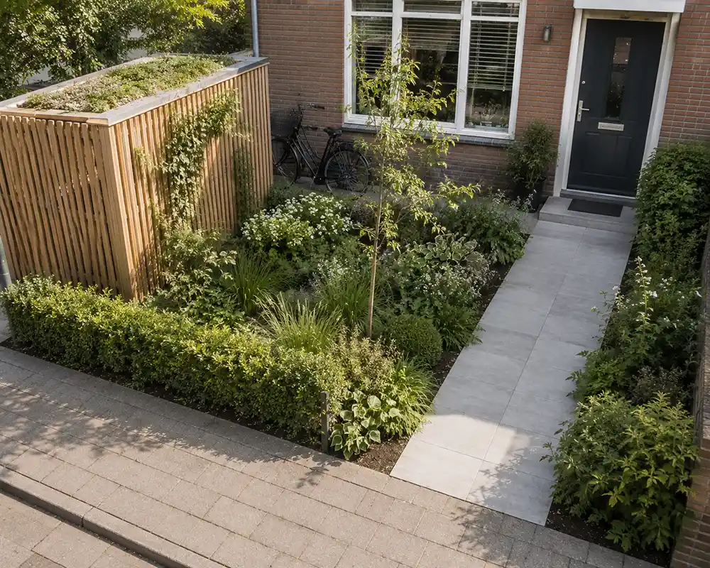 voortuin met groene containerombouw en vrije entree