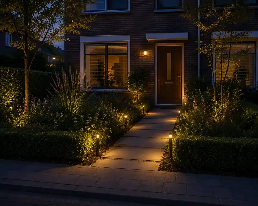 voortuin met warme verlichting langs pad naar voordeur