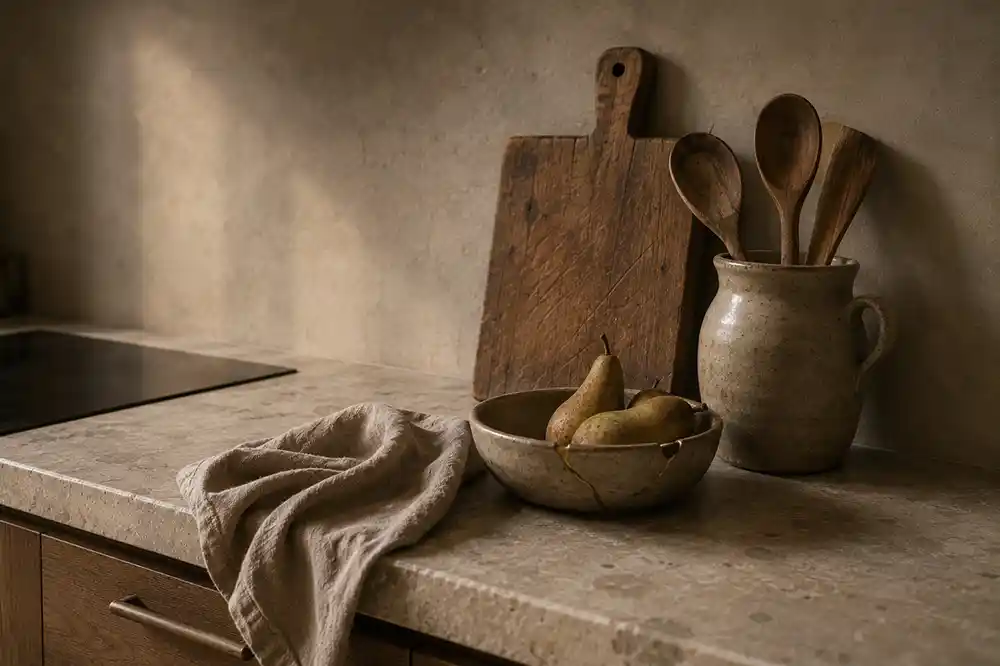 wabi sabi aanrecht met keramiek hout en linnen