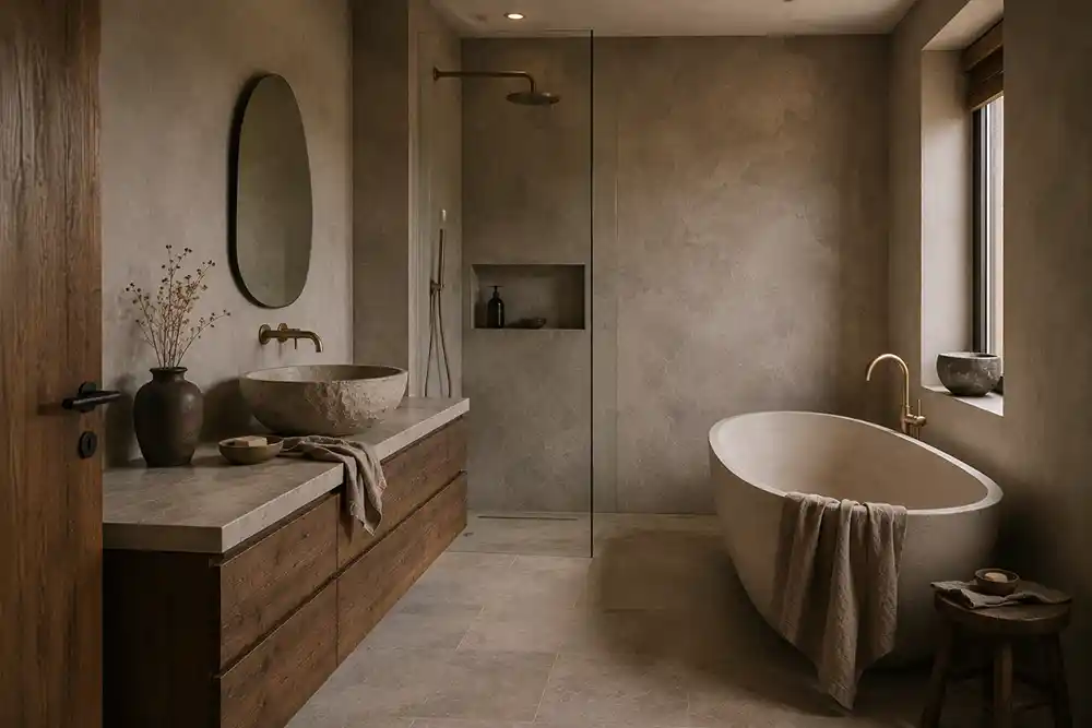 wabi sabi badkamer met natuursteen hout en aardetinten