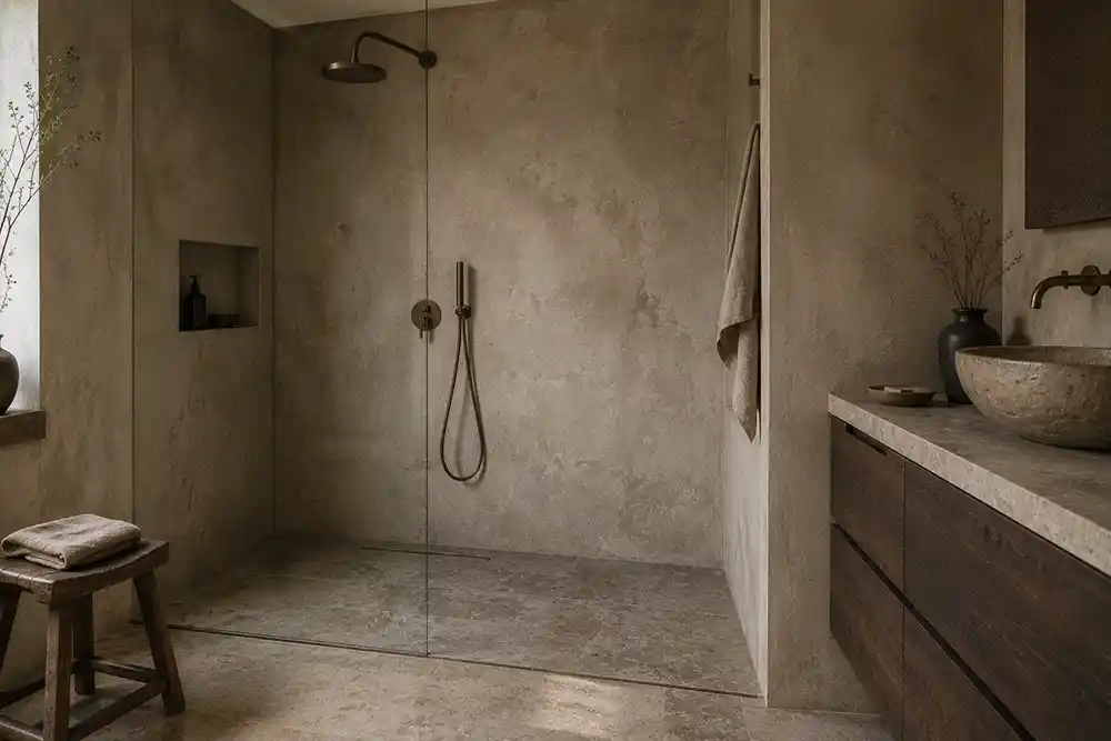 wabi sabi inloopdouche met betonlook en natuursteen