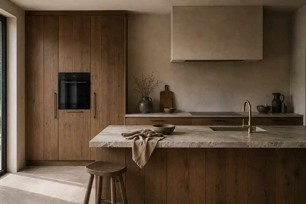 wabi sabi keuken met geïntegreerde apparatuur en matte fronten