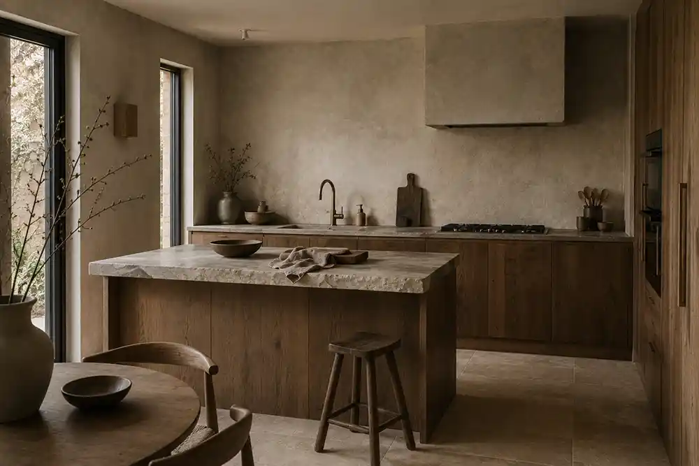 wabi sabi keuken met hout natuursteen en aardetinten