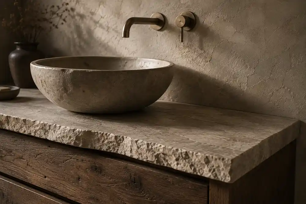 wabi sabi wastafel met ruwe natuursteen en donker hout