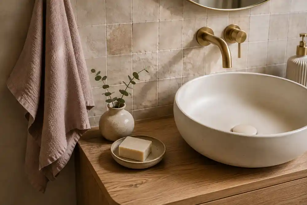 zachte badkamerkleuren met beige roze hout en messing