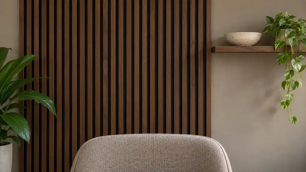 achtergrond voor videogesprekken met donkere houten akoestische panelen en een wandplank