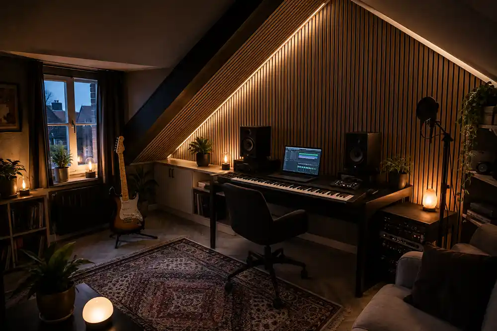 akoestische panelen op zolder in muziekstudio