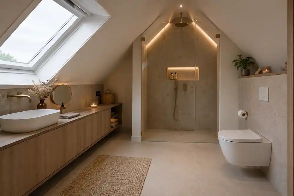 badkamer op zolder met douche onder hoge nok