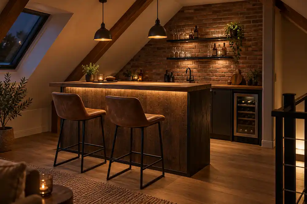 compacte bar op zolder met een houten toog twee barkrukken en een wand met steenstrips