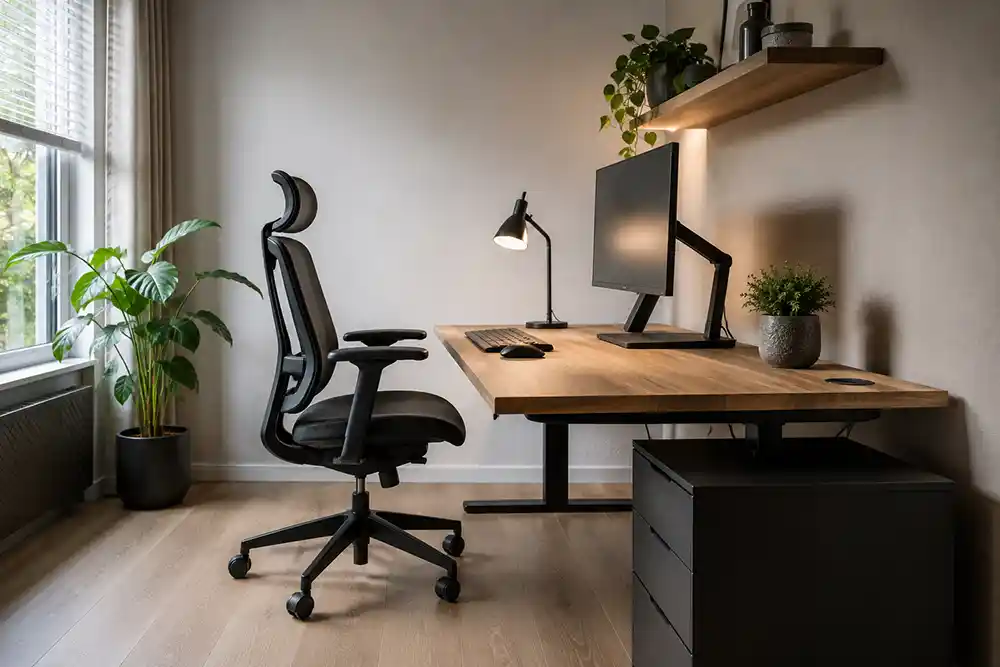 ergonomische werkplek met bureau stoel en beeldscherm