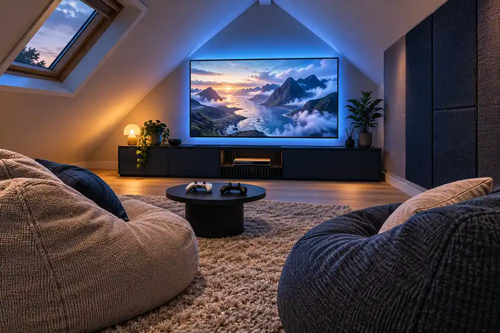 gamekamer op zolder met zitzakken een groot scherm en subtiele gekleurde verlichting