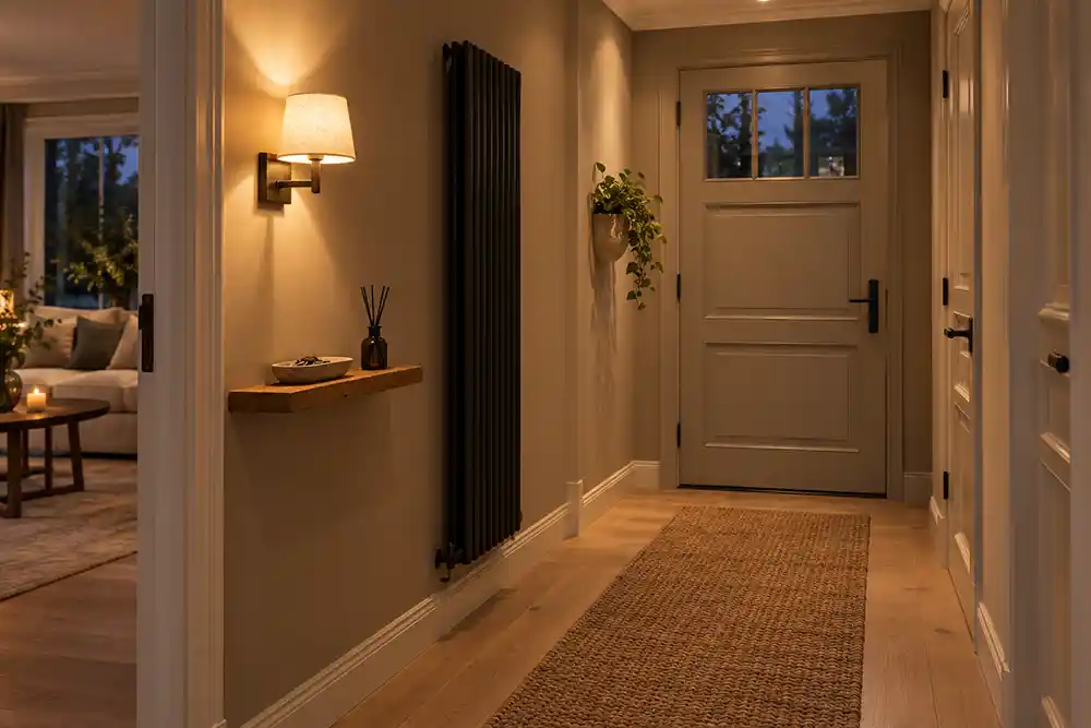 gezellige kleine hal met warme wandverlichting een smalle wandplank en een zwarte verticale radiator