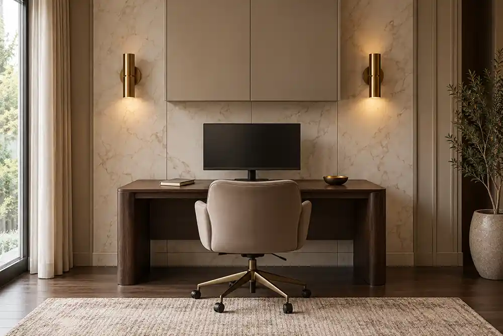 hotel chique thuiskantoor met marmerlook wandpanelen en twee messing wandlampen