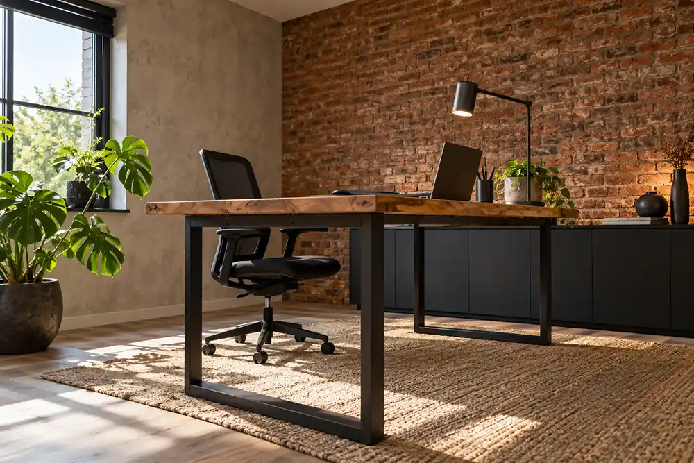 industrieel thuiskantoor met steenstrips een houten bureau en zwarte stalen poten