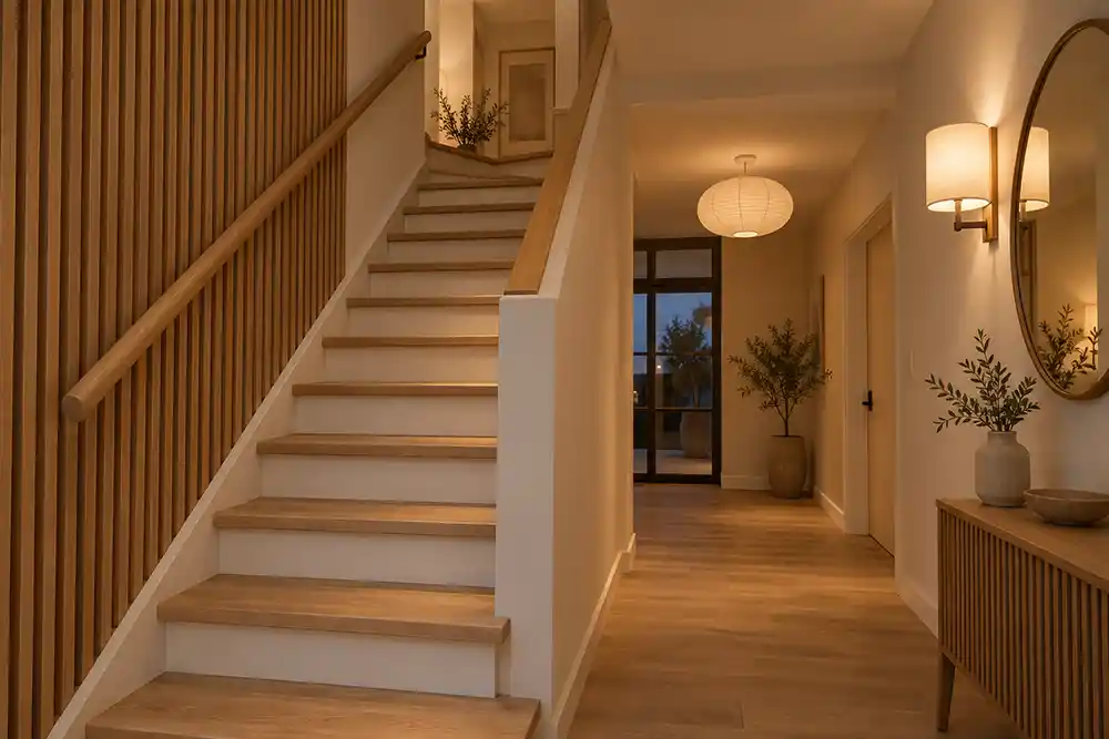 japandi hal met een licht houten trap witte stootborden en warme wandverlichting