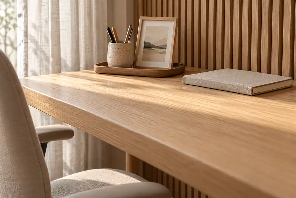 japandi werkplek met een eiken bureau linnen gordijn en keramieken accessoires