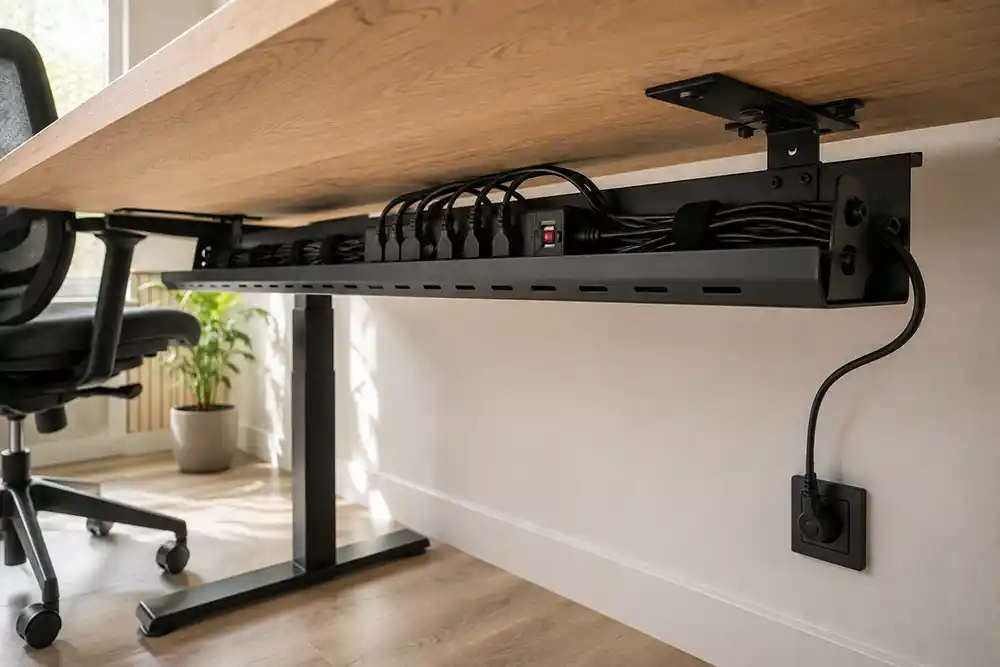 kabelmanagement onder bureau in werkkamer