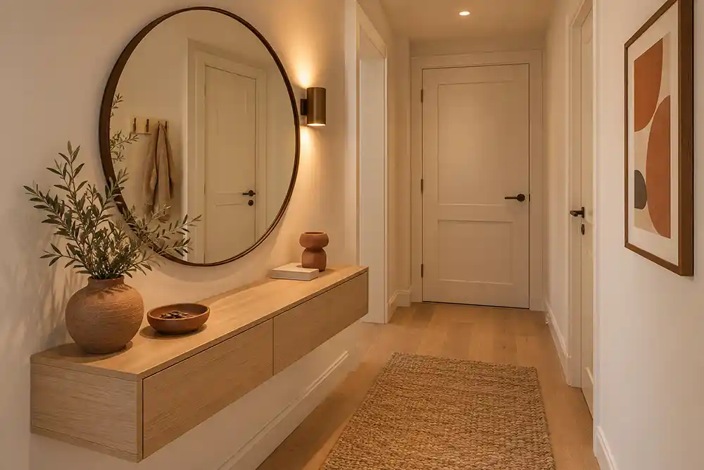 kleine hal met een grote ronde spiegel lichte wanden en warme terracotta accenten