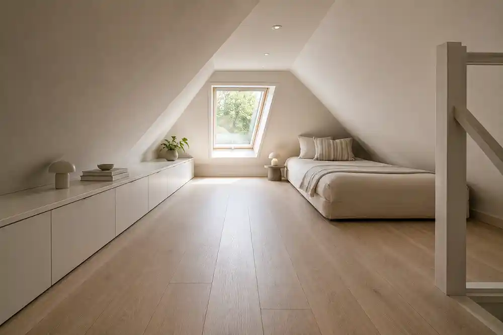 kleine lage zolder met lichte kleuren en lage meubels