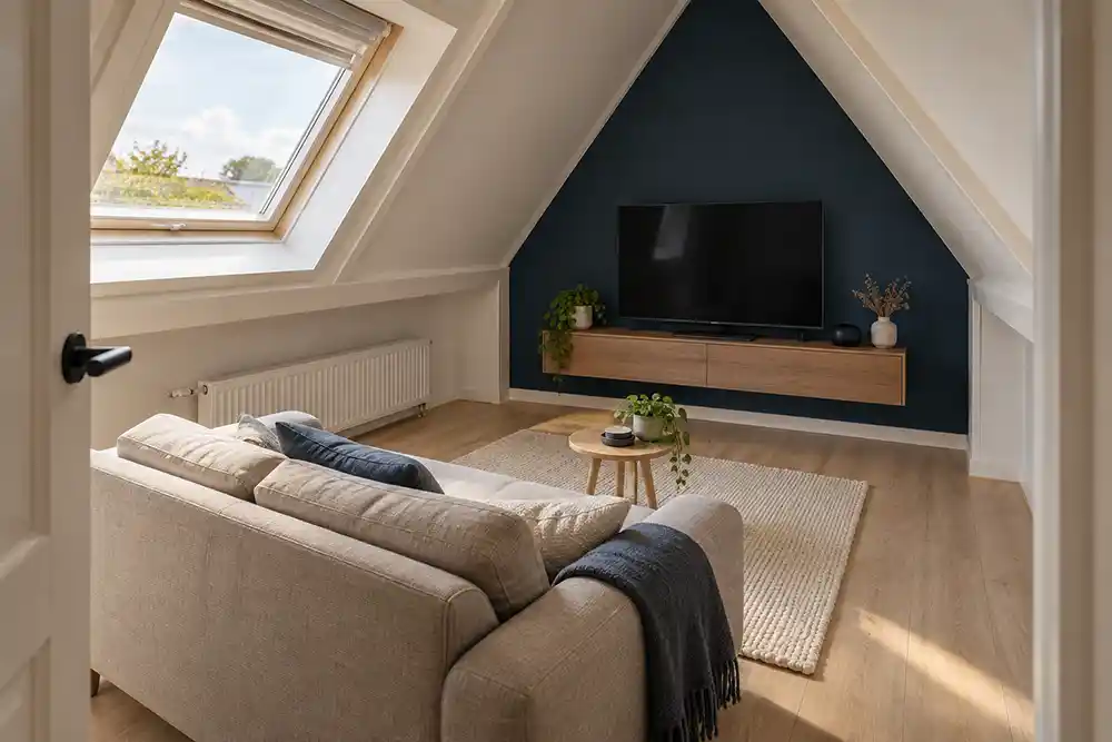kleine lichte mancave op zolder met een tweezitsbank televisie en lage radiator