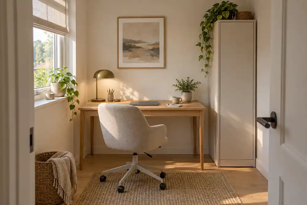 kleine werkkamer met houten bureau naast het raam en hoge gesloten opbergkast