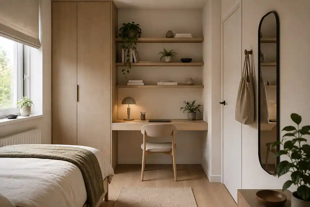 kleine werkplek met wandbureau en wandplanken