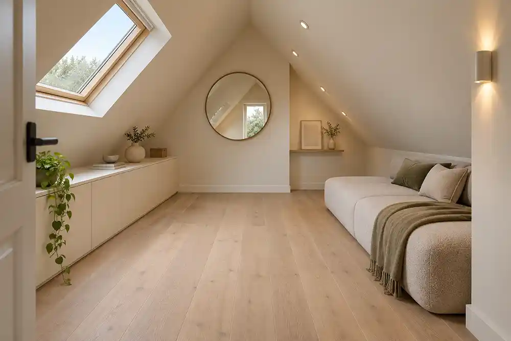 lichte kleine zolder met lage meubels inbouwspots en een spiegel op de rechte wand