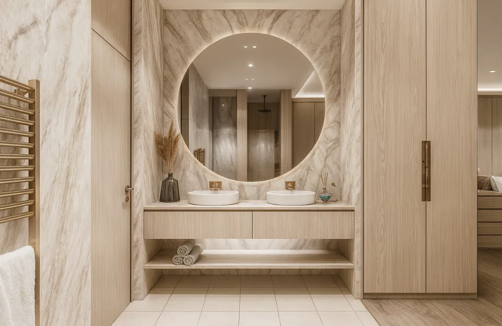 luxe badkamer met dubbele wastafel, ronde spiegel en marmerlook wandpanelen