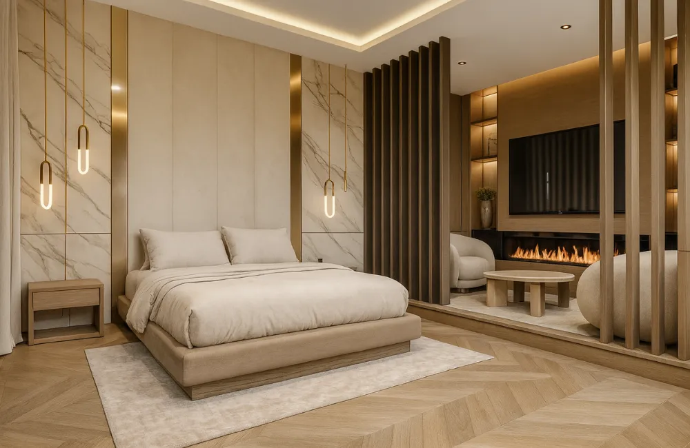 luxe slaapkamer met marmerlook wandpanelen, houten roomdivider en ingebouwde sfeerhaard