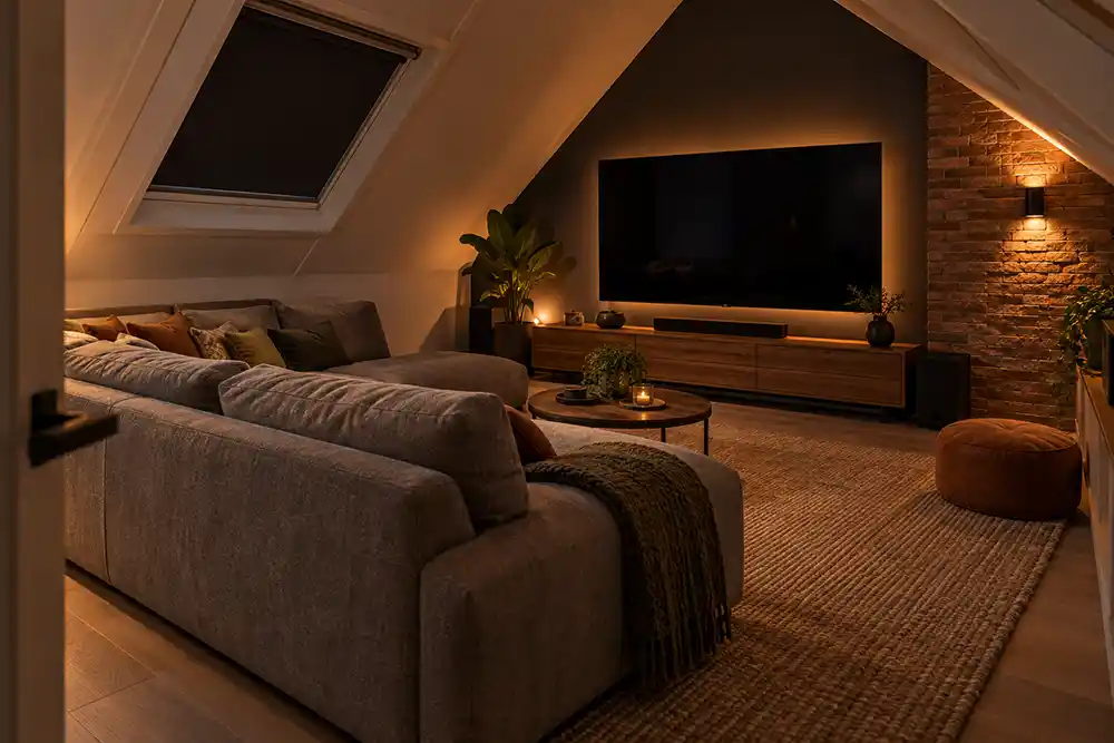 mancave op zolder met een lage bank televisie op de topgevel en steenstrips