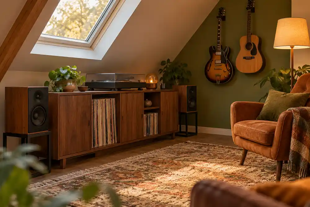 muziekhoek op zolder met een platenspeler lage platenkast en gitaren aan de rechte wand