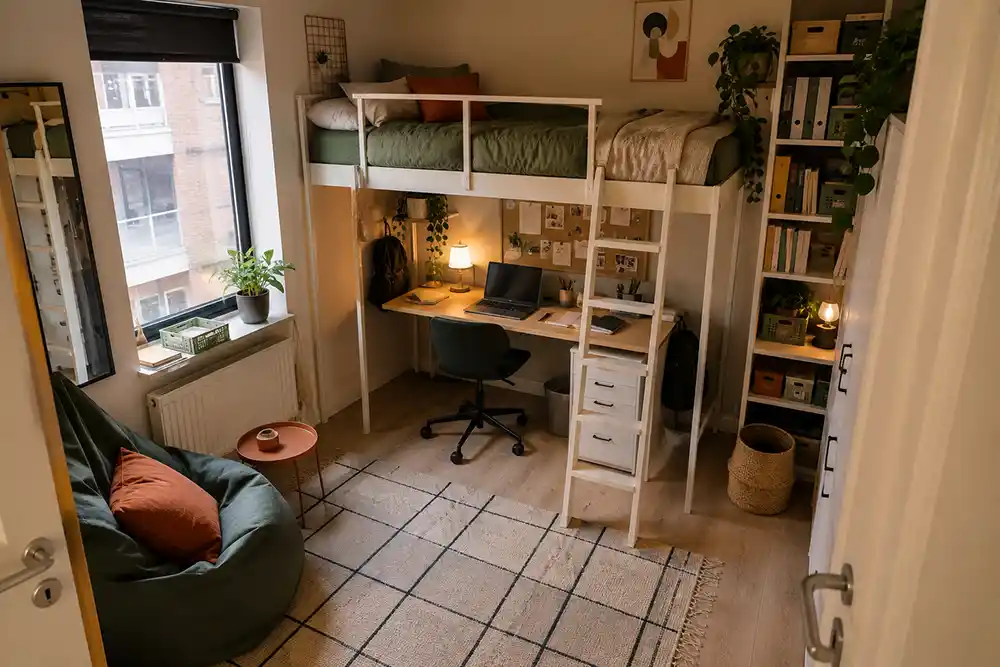 studeerkamer met bureau bed en open wandplanken