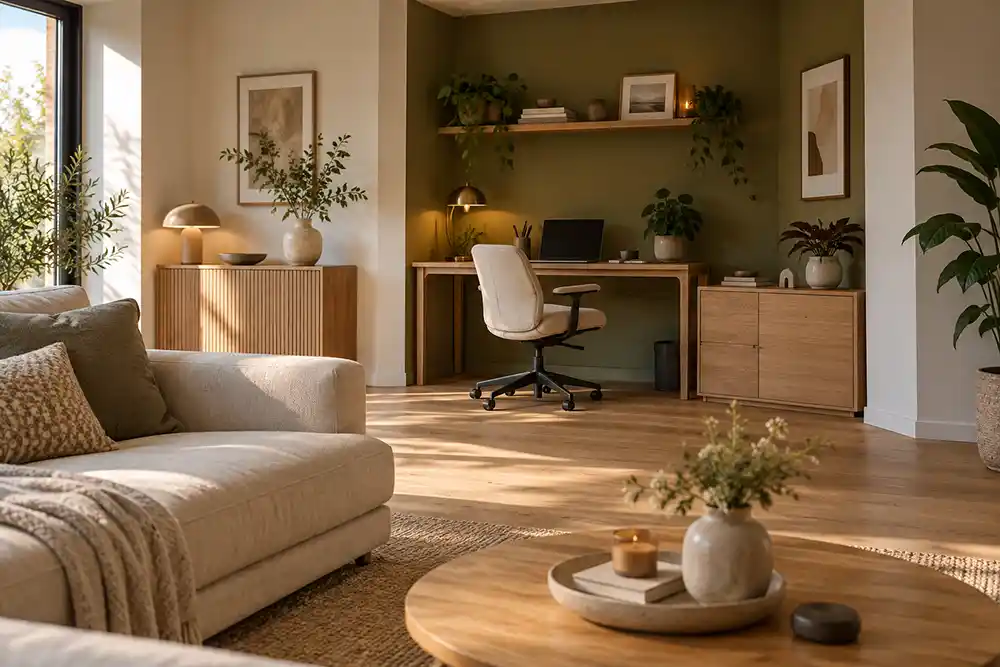 thuiskantoor in een woonkamer met een eiken bureau en een olijfgroene nis