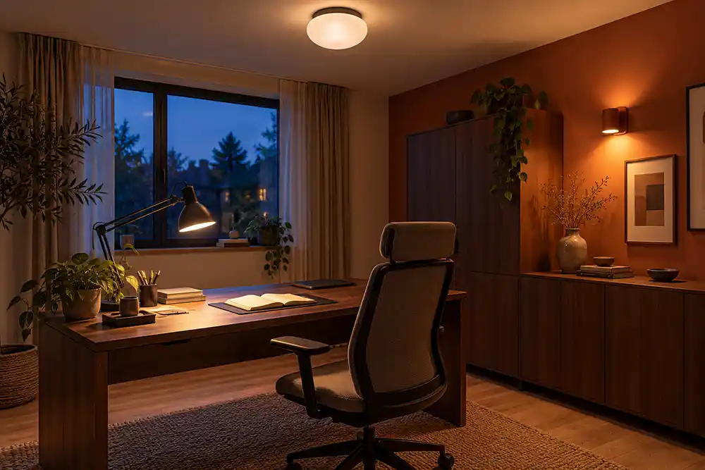 thuiskantoor met een plafondlamp een verstelbare bureaulamp en warme wandverlichting