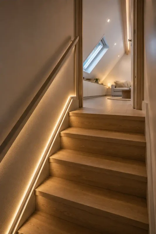 trap naar zolder met houtlook overzettreden en verlichting