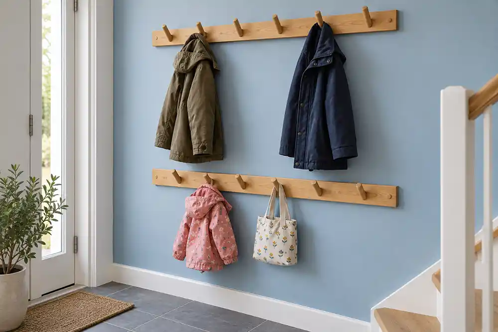 wandkapstok met twee rijen houten haken voor jassen een kinderjas en een tas