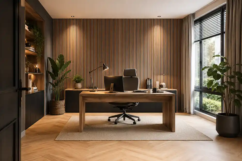 werkkamer inspiratie met akoestische wandpanelen en houten bureau