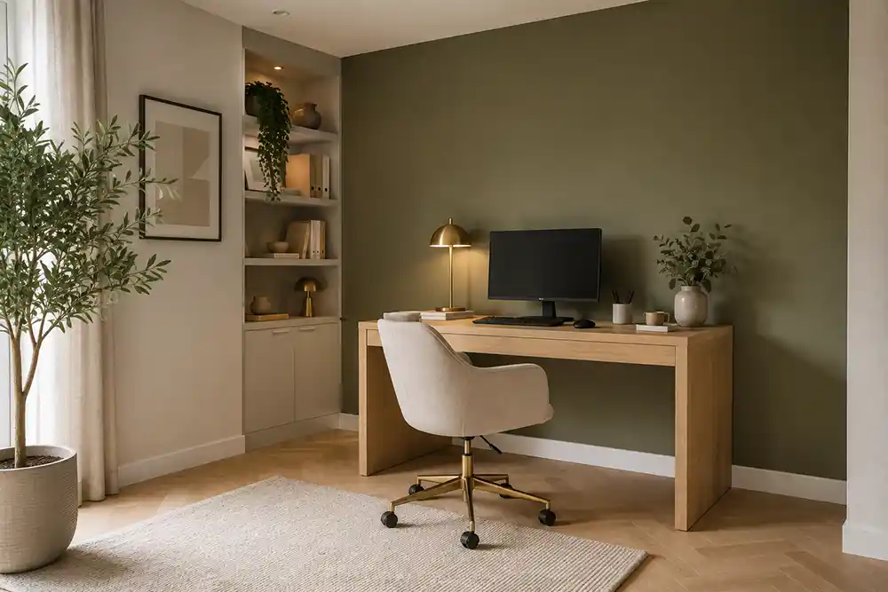 werkkamer met olijfgroene wand en lichte meubels