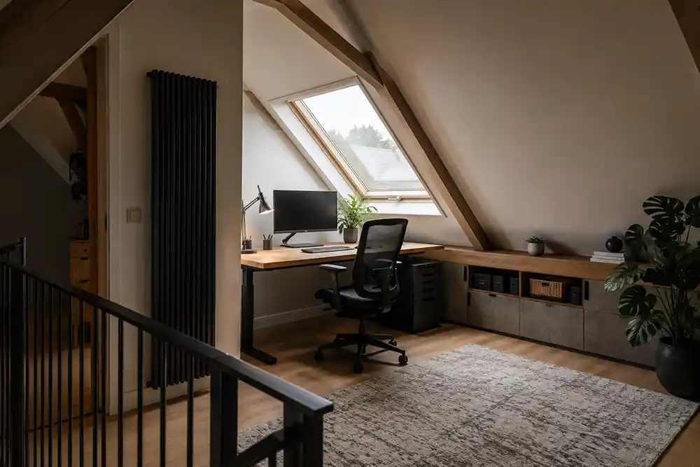 werkkamer op zolder met verticale radiator