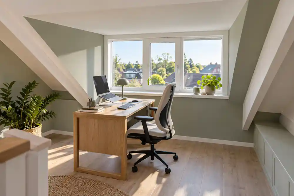 werkplek in een dakkapel met een houten bureau en een verstelbare bureaustoel