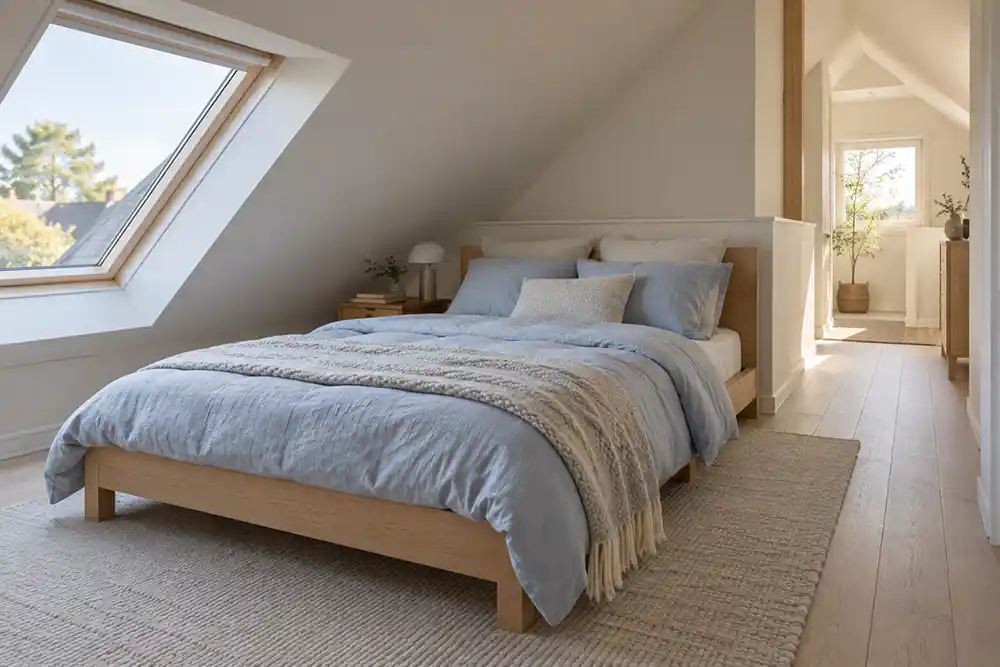 zolderslaapkamer met het hoofdeinde onder de schuinte en een dakraam naast het bed