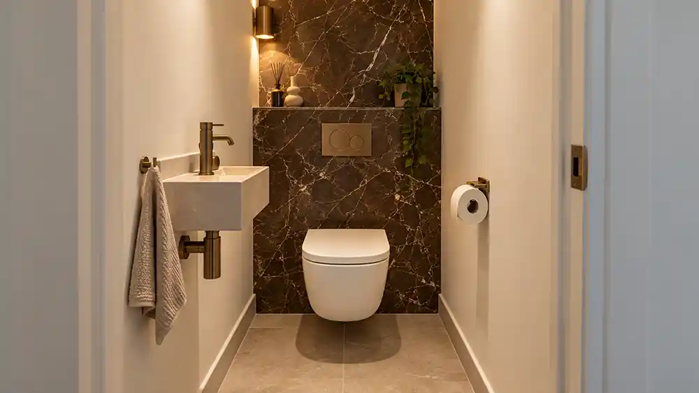 chique compact toilet met marmer en brons